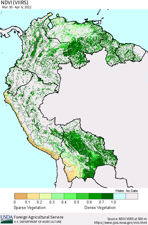 Northern South America NDVI (VIIRS) Thematic Map For 4/1/2022 - 4/10/2022