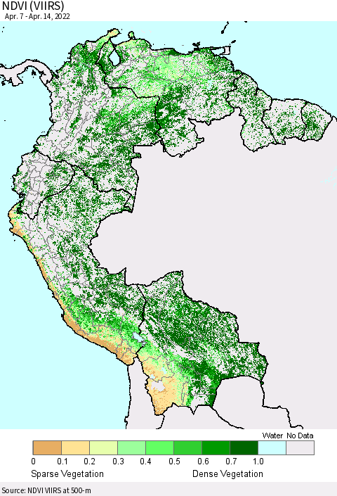 Northern South America NDVI (VIIRS) Thematic Map For 4/7/2022 - 4/14/2022
