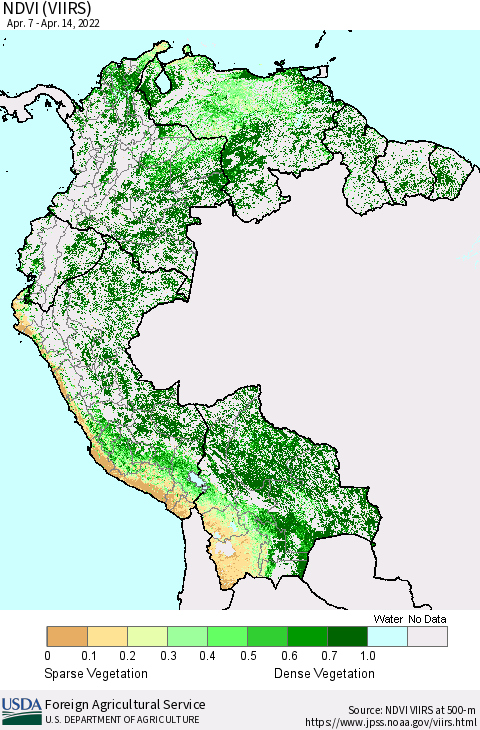 Northern South America NDVI (VIIRS) Thematic Map For 4/11/2022 - 4/20/2022