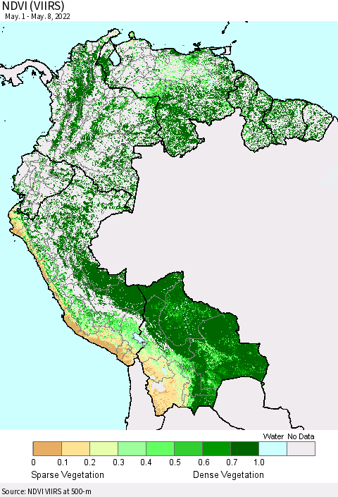 Northern South America NDVI (VIIRS) Thematic Map For 5/1/2022 - 5/8/2022