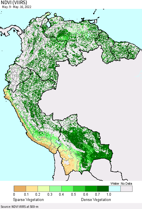 Northern South America NDVI (VIIRS) Thematic Map For 5/9/2022 - 5/16/2022