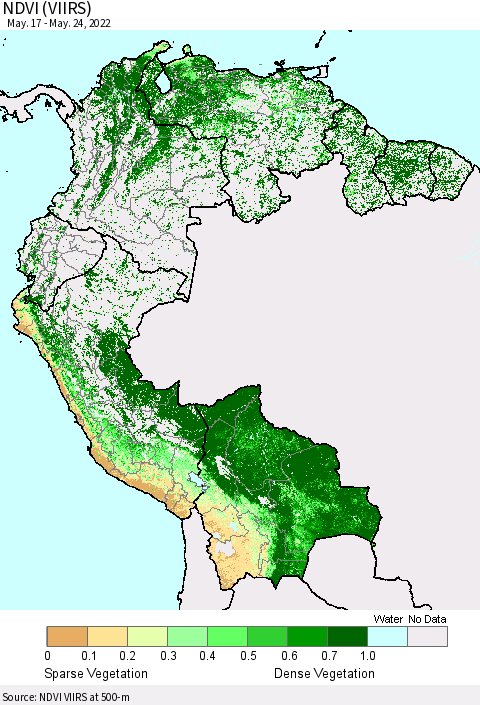 Northern South America NDVI (VIIRS) Thematic Map For 5/17/2022 - 5/24/2022