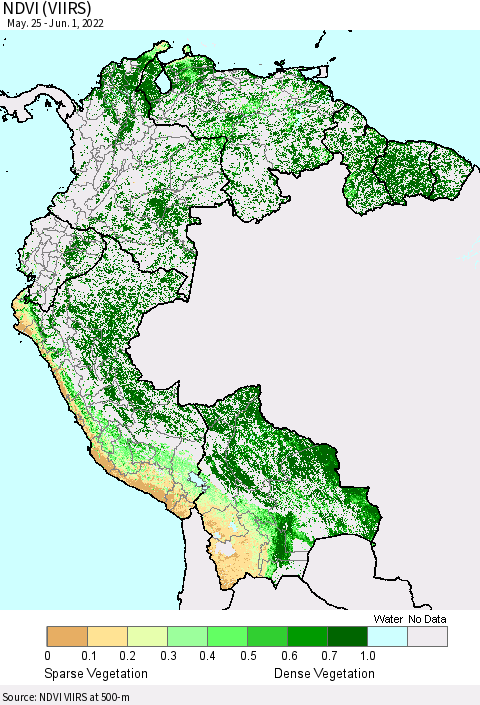 Northern South America NDVI (VIIRS) Thematic Map For 5/25/2022 - 6/1/2022