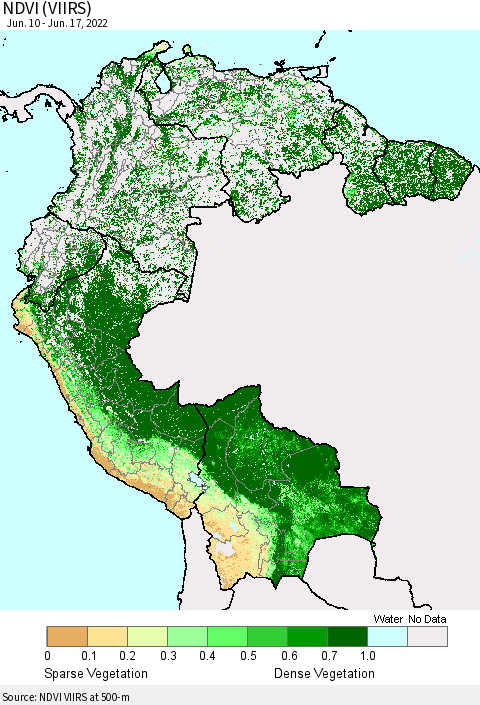 Northern South America NDVI (VIIRS) Thematic Map For 6/10/2022 - 6/17/2022