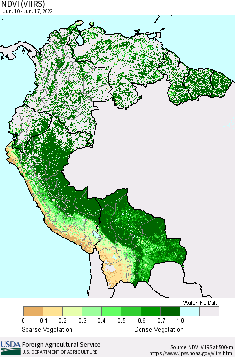 Northern South America NDVI (VIIRS) Thematic Map For 6/11/2022 - 6/20/2022