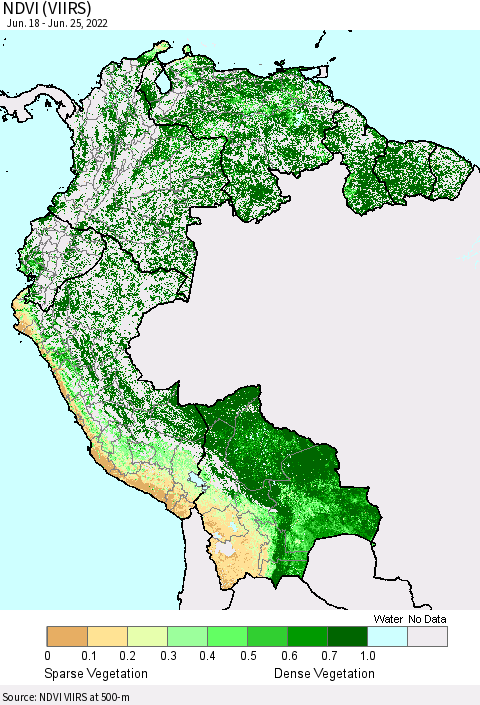 Northern South America NDVI (VIIRS) Thematic Map For 6/18/2022 - 6/25/2022