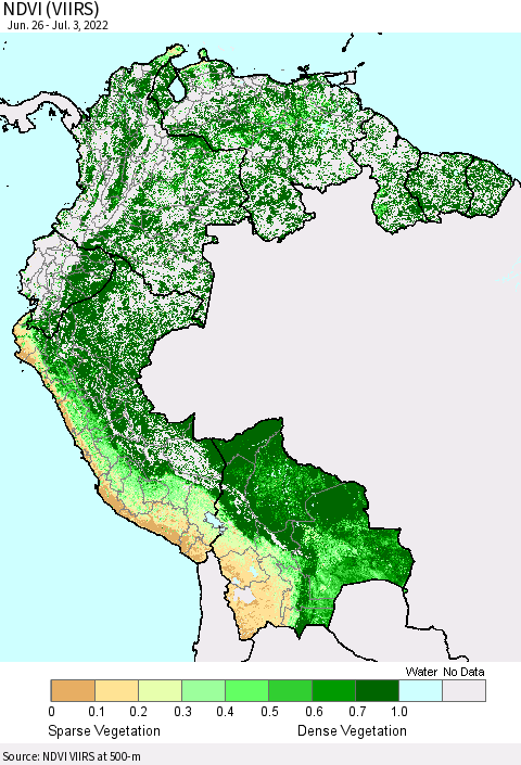 Northern South America NDVI (VIIRS) Thematic Map For 6/26/2022 - 7/3/2022