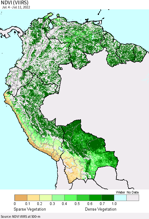 Northern South America NDVI (VIIRS) Thematic Map For 7/4/2022 - 7/11/2022