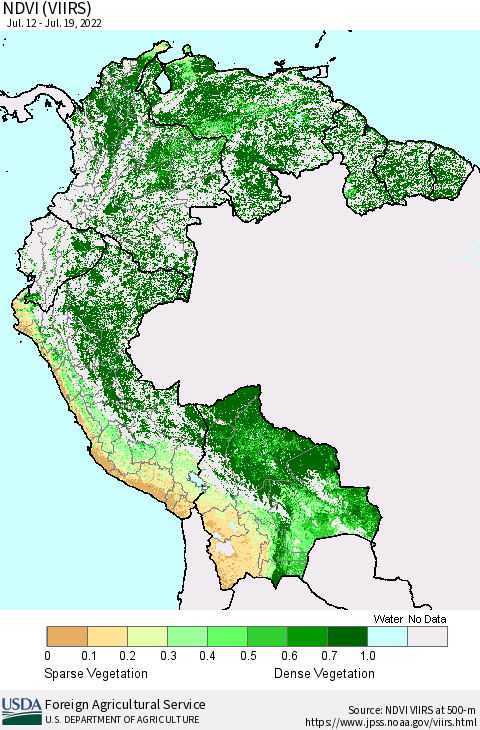 Northern South America NDVI (VIIRS) Thematic Map For 7/11/2022 - 7/20/2022