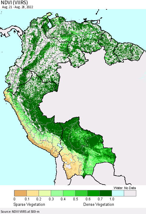 Northern South America NDVI (VIIRS) Thematic Map For 8/21/2022 - 8/28/2022