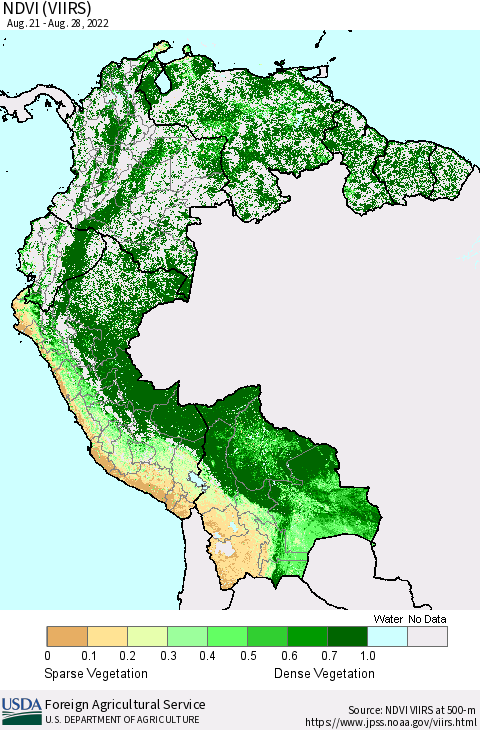 Northern South America NDVI (VIIRS) Thematic Map For 8/21/2022 - 8/31/2022
