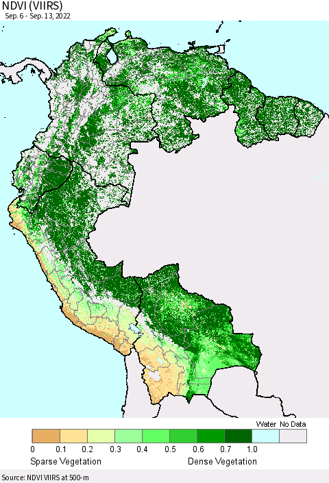 Northern South America NDVI (VIIRS) Thematic Map For 9/6/2022 - 9/13/2022