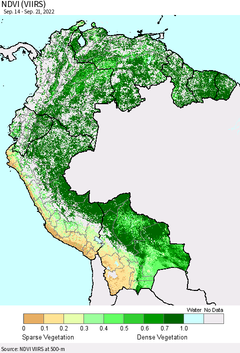 Northern South America NDVI (VIIRS) Thematic Map For 9/14/2022 - 9/21/2022