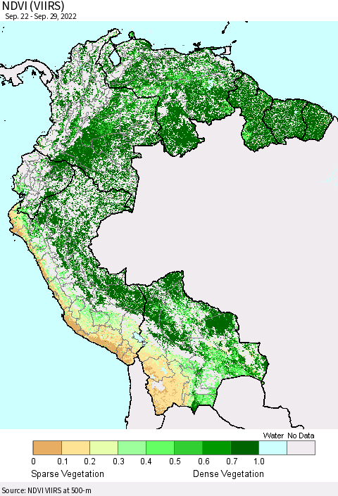 Northern South America NDVI (VIIRS) Thematic Map For 9/22/2022 - 9/29/2022