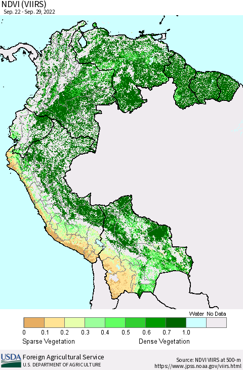 Northern South America NDVI (VIIRS) Thematic Map For 9/21/2022 - 9/30/2022