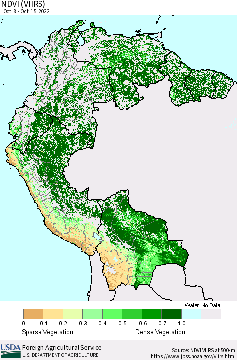 Northern South America NDVI (VIIRS) Thematic Map For 10/11/2022 - 10/20/2022