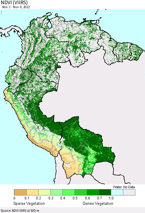 Northern South America NDVI (VIIRS) Thematic Map For 11/1/2022 - 11/8/2022