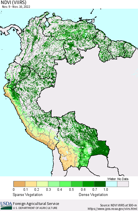 Northern South America NDVI (VIIRS) Thematic Map For 11/11/2022 - 11/20/2022