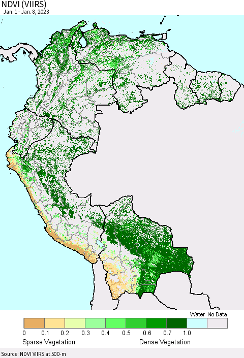 Northern South America NDVI (VIIRS) Thematic Map For 1/1/2023 - 1/8/2023
