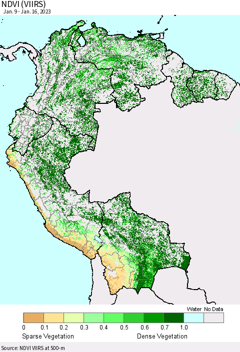 Northern South America NDVI (VIIRS) Thematic Map For 1/9/2023 - 1/16/2023