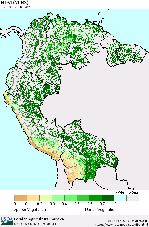 Northern South America NDVI (VIIRS) Thematic Map For 1/11/2023 - 1/20/2023