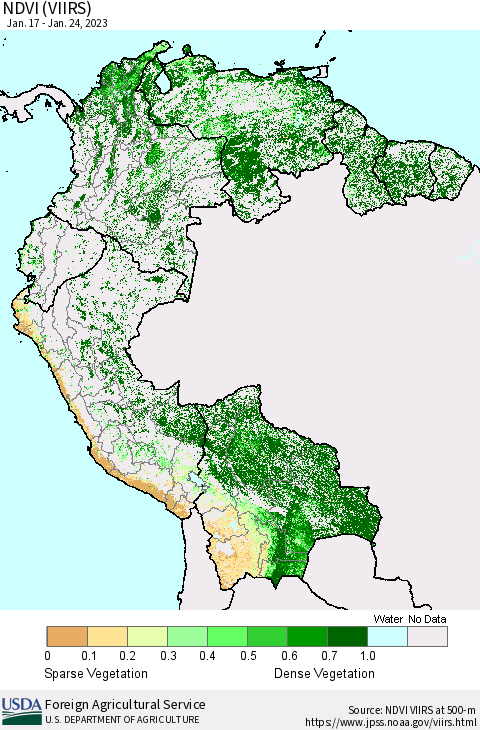 Northern South America NDVI (VIIRS) Thematic Map For 1/21/2023 - 1/31/2023