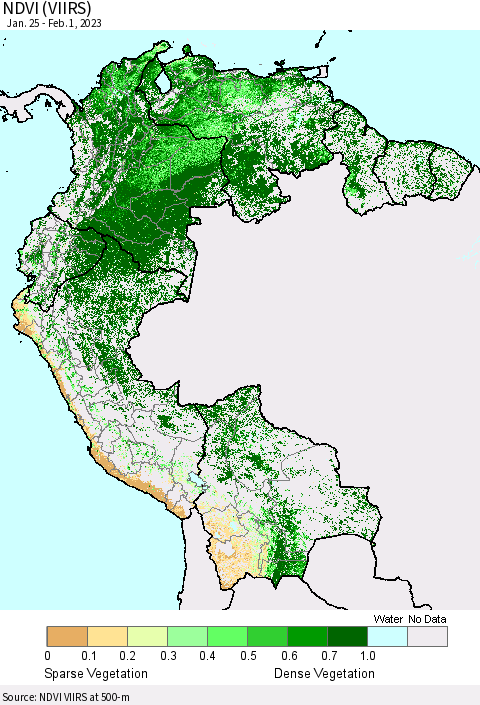 Northern South America NDVI (VIIRS) Thematic Map For 1/25/2023 - 2/1/2023