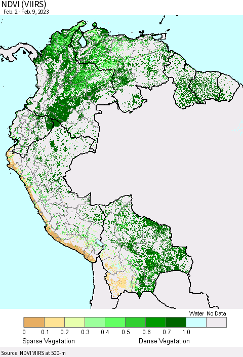 Northern South America NDVI (VIIRS) Thematic Map For 2/2/2023 - 2/9/2023