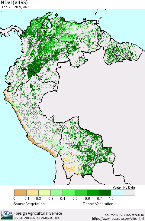Northern South America NDVI (VIIRS) Thematic Map For 2/1/2023 - 2/10/2023