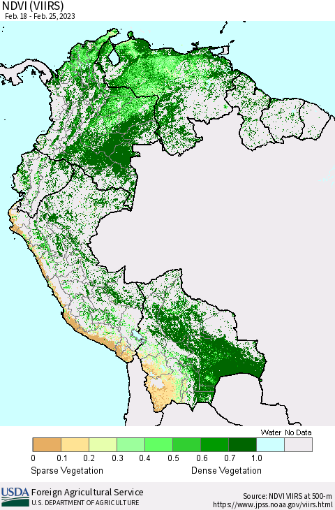 Northern South America NDVI (VIIRS) Thematic Map For 2/21/2023 - 2/28/2023