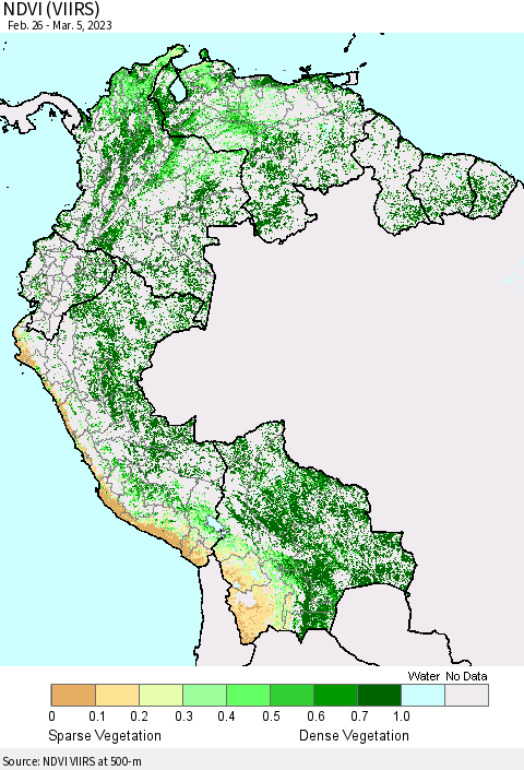 Northern South America NDVI (VIIRS) Thematic Map For 2/26/2023 - 3/5/2023
