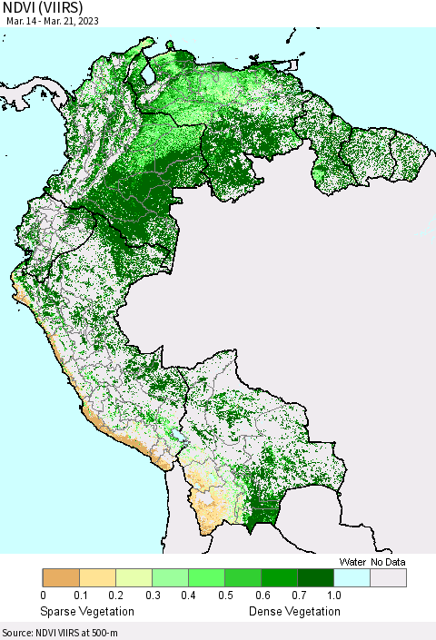 Northern South America NDVI (VIIRS) Thematic Map For 3/14/2023 - 3/21/2023