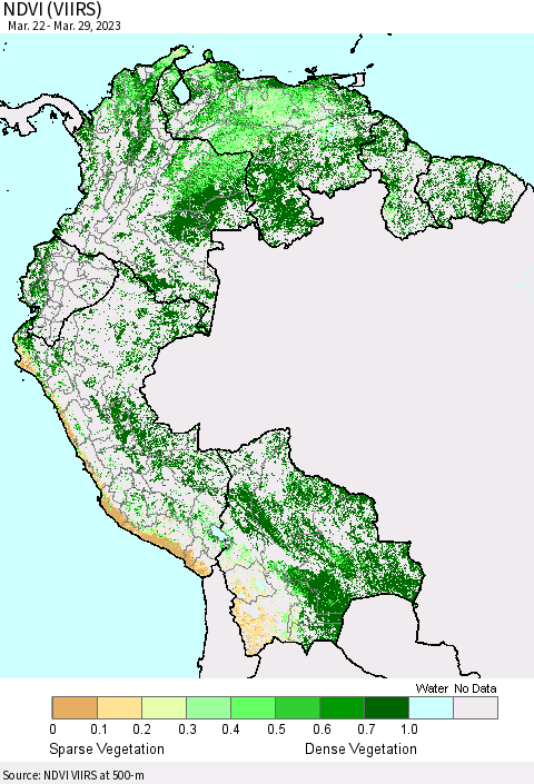 Northern South America NDVI (VIIRS) Thematic Map For 3/22/2023 - 3/29/2023