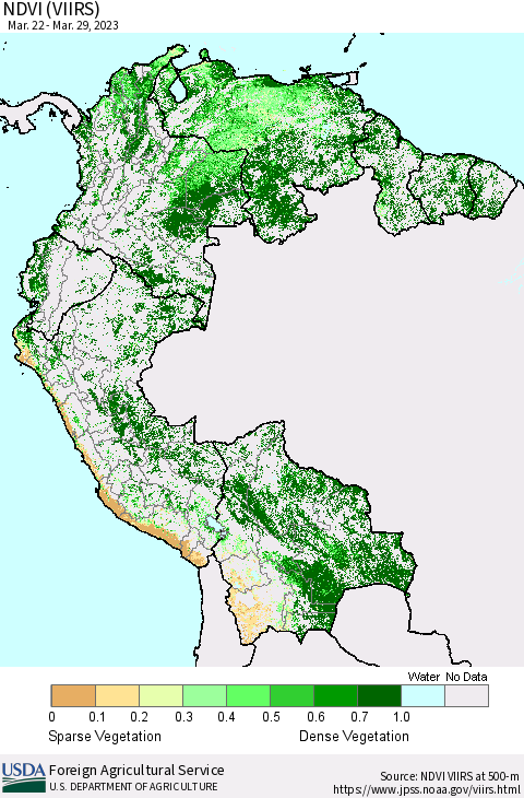 Northern South America NDVI (VIIRS) Thematic Map For 3/21/2023 - 3/31/2023