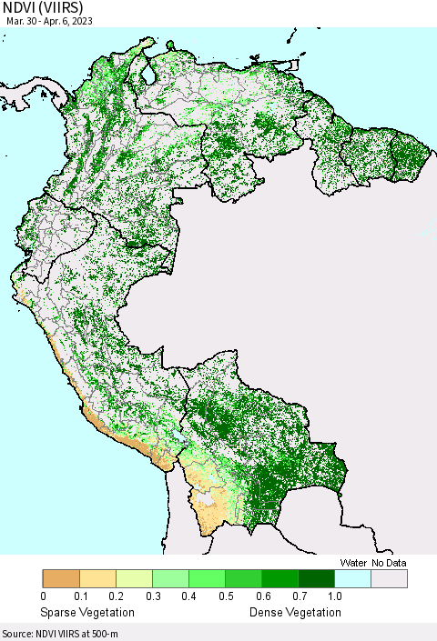 Northern South America NDVI (VIIRS) Thematic Map For 3/30/2023 - 4/6/2023