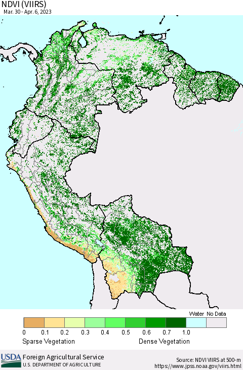 Northern South America NDVI (VIIRS) Thematic Map For 4/1/2023 - 4/10/2023