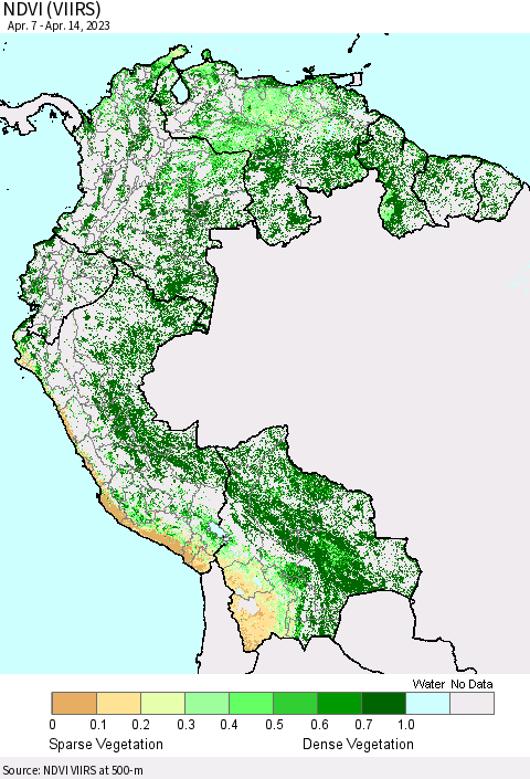 Northern South America NDVI (VIIRS) Thematic Map For 4/7/2023 - 4/14/2023