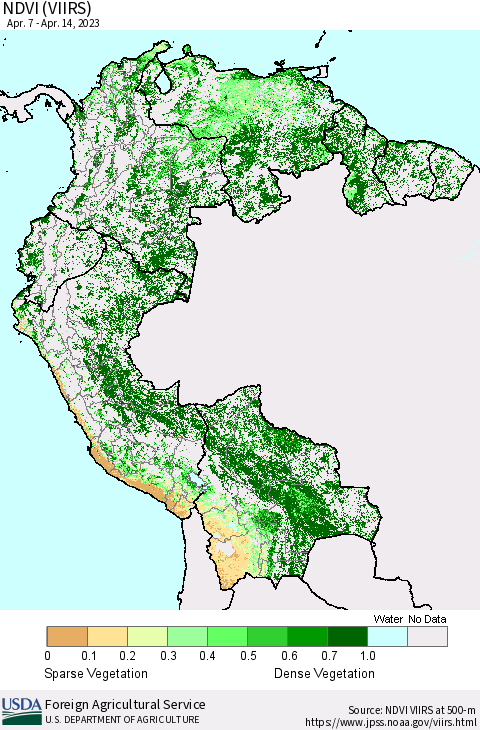 Northern South America NDVI (VIIRS) Thematic Map For 4/11/2023 - 4/20/2023