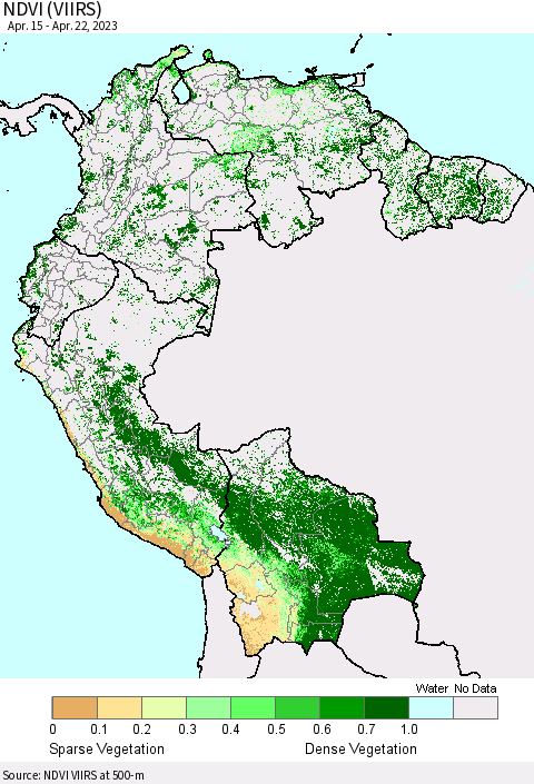 Northern South America NDVI (VIIRS) Thematic Map For 4/15/2023 - 4/22/2023