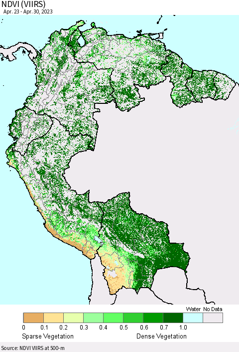 Northern South America NDVI (VIIRS) Thematic Map For 4/23/2023 - 4/30/2023