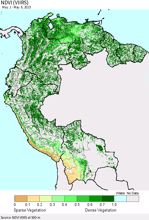 Northern South America NDVI (VIIRS) Thematic Map For 5/1/2023 - 5/8/2023