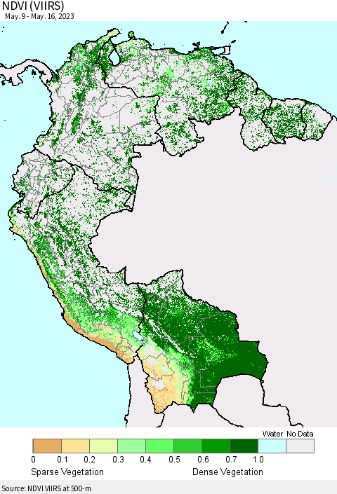 Northern South America NDVI (VIIRS) Thematic Map For 5/9/2023 - 5/16/2023