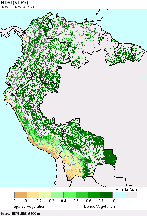Northern South America NDVI (VIIRS) Thematic Map For 5/17/2023 - 5/24/2023