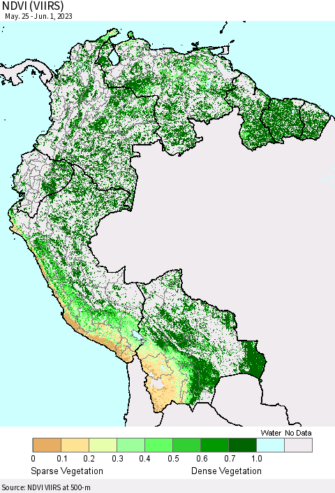 Northern South America NDVI (VIIRS) Thematic Map For 5/25/2023 - 6/1/2023