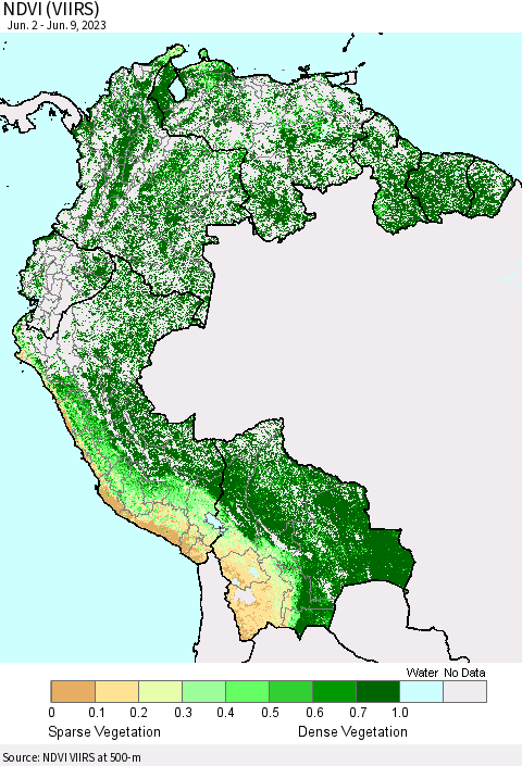 Northern South America NDVI (VIIRS) Thematic Map For 6/2/2023 - 6/9/2023