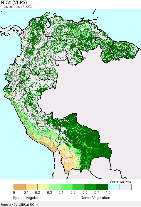 Northern South America NDVI (VIIRS) Thematic Map For 6/10/2023 - 6/17/2023