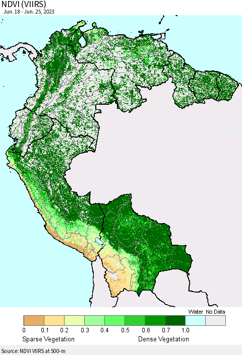 Northern South America NDVI (VIIRS) Thematic Map For 6/18/2023 - 6/25/2023