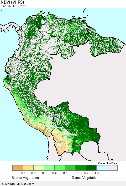Northern South America NDVI (VIIRS) Thematic Map For 6/26/2023 - 7/3/2023