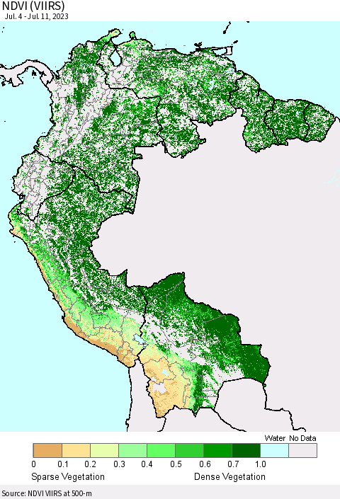 Northern South America NDVI (VIIRS) Thematic Map For 7/4/2023 - 7/11/2023