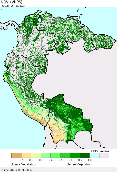 Northern South America NDVI (VIIRS) Thematic Map For 7/20/2023 - 7/27/2023